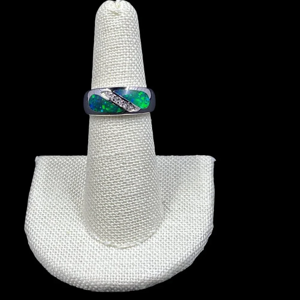Lia Sophia Blue Green Inlay Ring Silver Tone Crystal Accent Modern Statement Chi